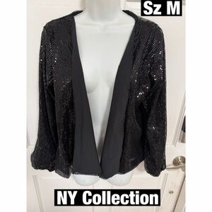 NY Collection Black Sequin Open Cardigan Trimmed with Satin Sz M